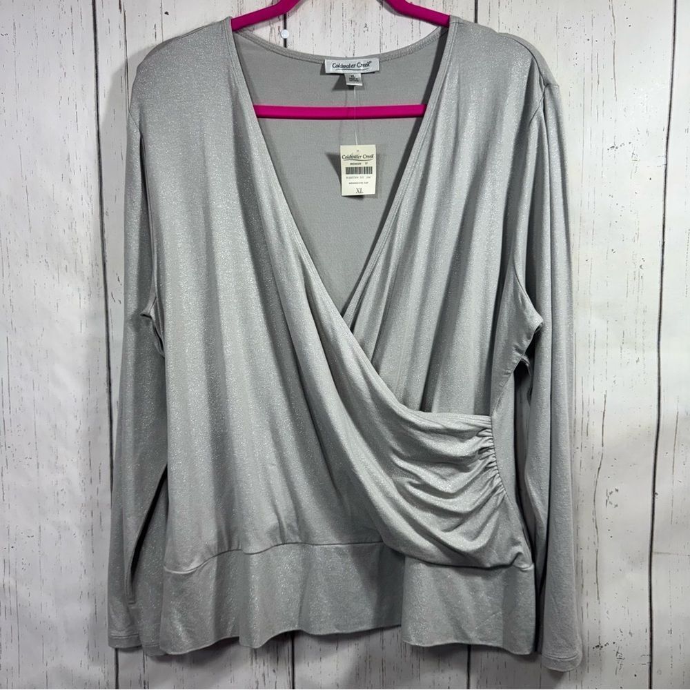 Coldwater Creek Womens Wrap V Neck Sparkle Top Stretch Rushed Long Sleeve Party